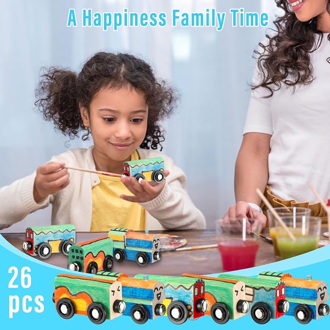 Lenwen 26 Pcs Unpainted Magnetic Wooden Trains Cars Unfinished Party Favors Wood Train Set for Birthday Party Supplies Paint Project Craft DIY Decorations(Classic Style)