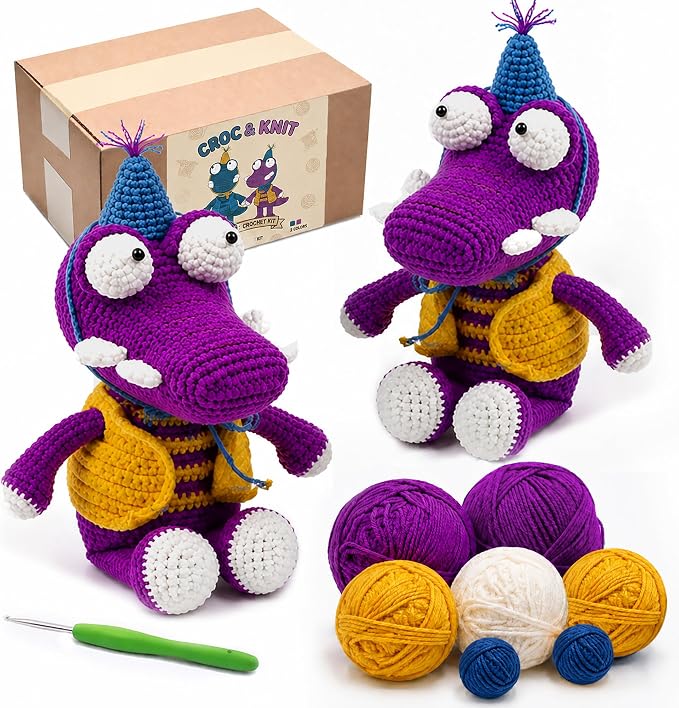Knitting & Crochet Kit for Beginners - Easy Learn to Crochet Animal Kit, Knitting Crocodile Amigurumi Starter Kit with Step-by-Step Instructions Manual Holiday Birthday Crochet Gifts(Purple, 2 Pack)