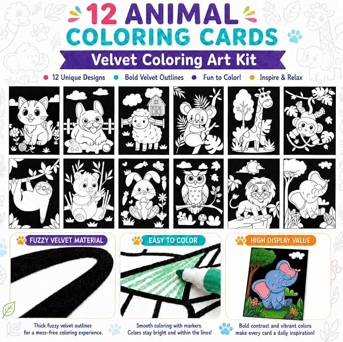 Cinrobiye 48 Pcs Velvet Coloring Posters Cute Animals Fuzzy Posters to Color Bulk Felt Coloring Page Craft for Adults, Teens and All Ages, Classroom, Assisted Living Stress Relief Activities