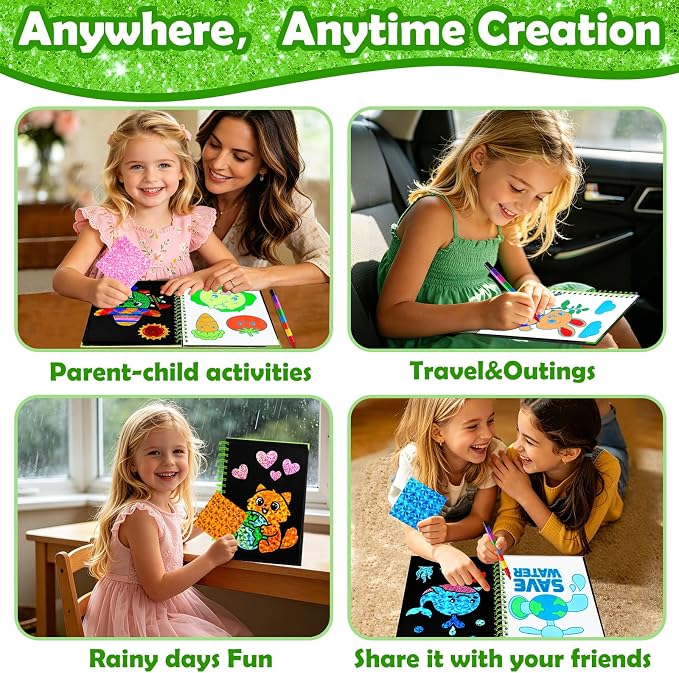 FUNNYB&G Foil Art Craft Kit for Kids 4-10 Years Old: Mess-Free & No-Glue, Create 16 Sparkly Going Green Pictures – Perfect Travel Toy & Birthday Gift for Kids (Going Green)