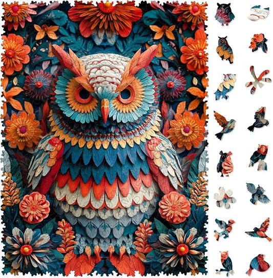 MEATRN Multicolored Owl Wooden Puzzles for Adults - 200 Pieces Natural Wood Jigsaw Puzzle, Laser-Cut Precision, Forest Wildlife Animal Theme, Relaxing Family Game & Creative Gift, 9.5x12.6in
