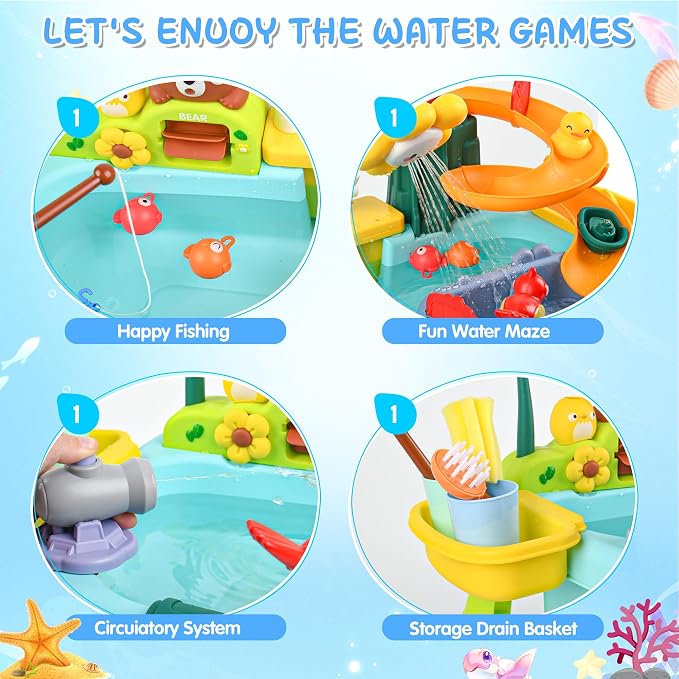 Kids Sand & Water Table — 4-in-1 Kitchen Sink Toy with Battery-Powered Water Pump, Faucet, Play Food & Fishing Set, for Boys & Girls Age 3+ (Blue-Sunflower)