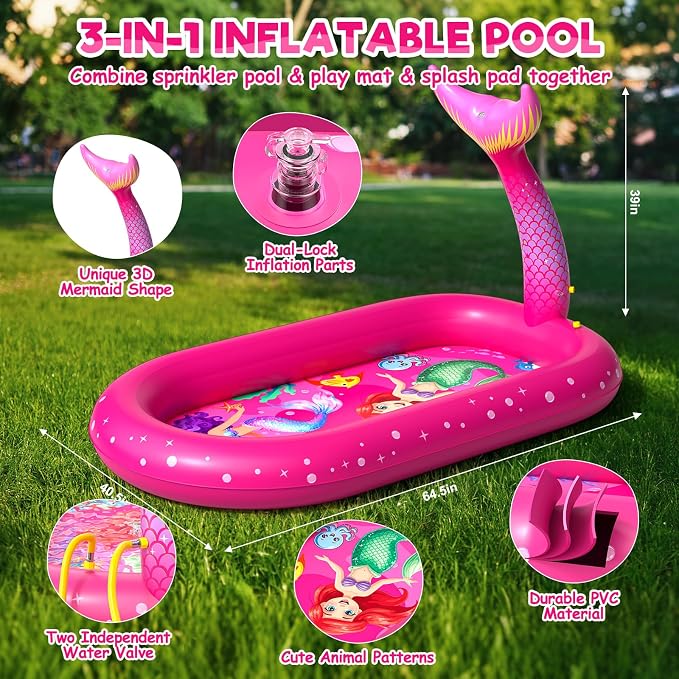Splash Pad for Toddlers 1-3, Mermaid Inflatable Sprinkler for Kids, 3 in 1 Baby Splash Pads Kids Pool Outdoor Play Mat, Backyard Summer Water Toys Birthday Gift for 1+ Year Old Girls Kids