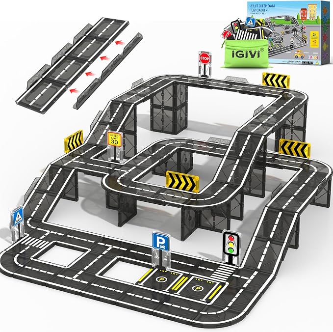 Magnetic Tiles Road Expansion Pack, STEM Magnetic Building Blocks for Kids, Educational Montessori Sensory Toys for Kids Ages 3-5 4-8 5-7, Christmas Birthday Gift for 3+ Year Old Boys Girls