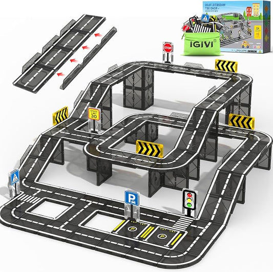 Magnetic Tiles Road Expansion Pack, STEM Magnetic Building Blocks for Kids, Educational Montessori Sensory Toys for Kids Ages 3-5 4-8 5-7, Christmas Birthday Gift for 3+ Year Old Boys Girls