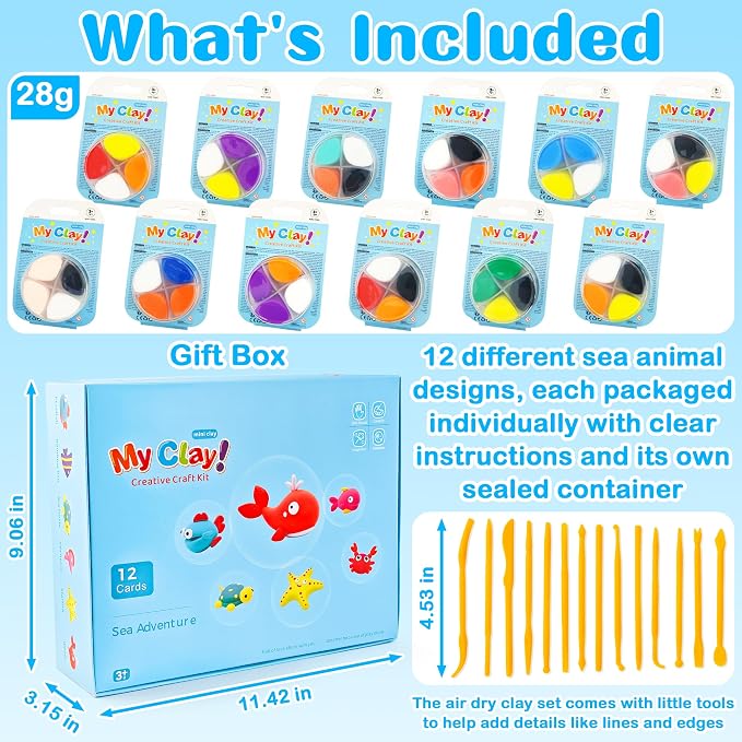 LanMa Air Dry Clay Kit for Kids, 12 Pack Sea Animal Air-Dry Art Kits with Ultra Light & Soft Modeling Clay, Instructions, Sculpting Tools, Christmas Birthday Gifts for Boys Girls