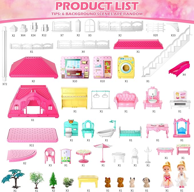 Dollhouses for Girls, Housetoys with Furniture, 4 Floor 10 Rooms DIY House Slide Accessories, Toddler Playhouse with 2 Princesses, Toys for for 3 4 5 6 7 8 9 10 Year Old Girls