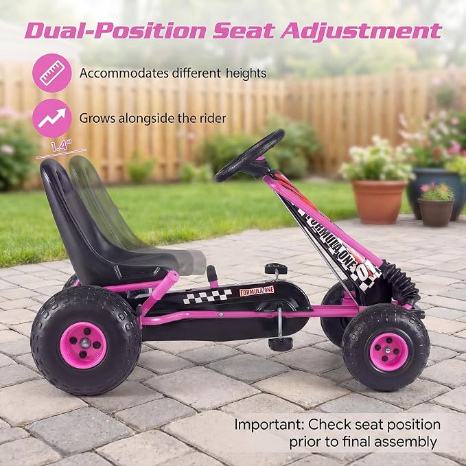 Costzon Pedal Go Kart, 4 Wheel Ride on Toy Pedal Car with Adjustable Seat, Forward/Backward & Handbrake, Outdoor Bicycle Go Cart with Wear-Resistant Wheels, Gift for Boys and Girls (Pink)