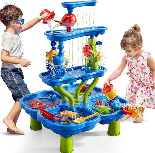 Water Table for Toddlers 1-3 3-5, 4-Tier Water Table for Kids with Sand Beach Toys, Water and Sand Sensory Table Beach Outdoor Birthday Gifts Toys for Kids Toddlers Age 3 4 5 6 7 8 Boys Girls