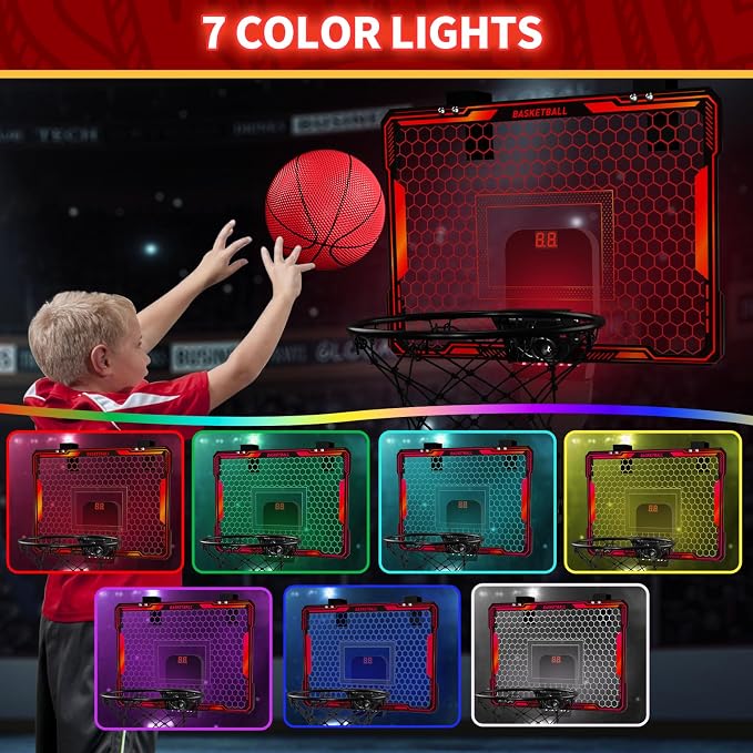 HYES Mini Basketball Hoop Indoor, Over The Door Basket Ball Hoop with 7 LED Lighting/Scoreboard/3 Modes/Foldable Rim, Wall Basketball Toy, Sport Decor Gifts for Kids Adult for Bedroom/Office (Red)