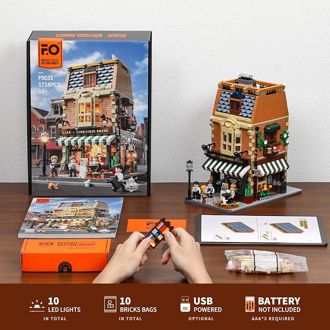 Funwhole Book-Cafe Lighting Building-Bricks Set - City Town Coffee House LED Light Modular Construction Building Model Sets 1718 Pcs for Adults and Teen