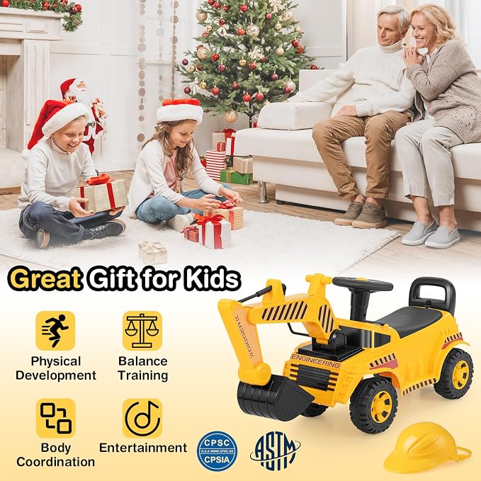 Costzon Ride On Excavator, Kids Construction Digger Truck, Ride on Push Car for Toddlers w/Working Shovel, Engine Sound, Under-seat Storage, Anti-Rollover Device, Sliding Car Vehicle Toy(Excavator)