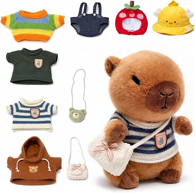 10.2" Brown Capybara Plush Toy with 9 Clothes and Accessories Super Soft Capybara Stuffed Animal for Kids Girls Boys (Brown Capybara)