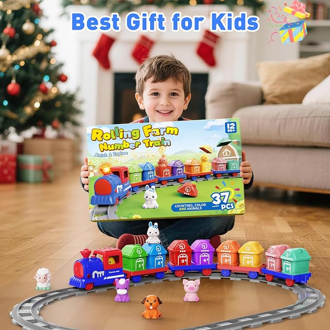 Train Set for Toddlers 2-4, Electric Toddler Train Set with Farm Animals, Music & Lights, Montessori Counting & Sorting Learning Toy, Birthday Easter for Boys Girls (Blue)