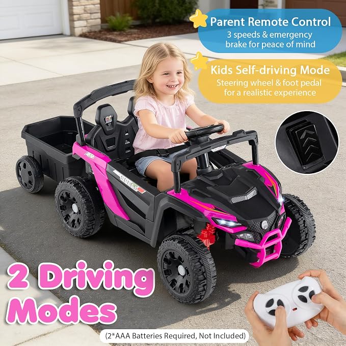 Costzon Kids Ride On UTV Car with Detachable Trailer, 12V Battery Powered Electric Vehicle with Remote Control, 3 Speeds, LED Lights, Music, Horn, Off-Road UTV for Boys & Girls (with Trailer,Pink)