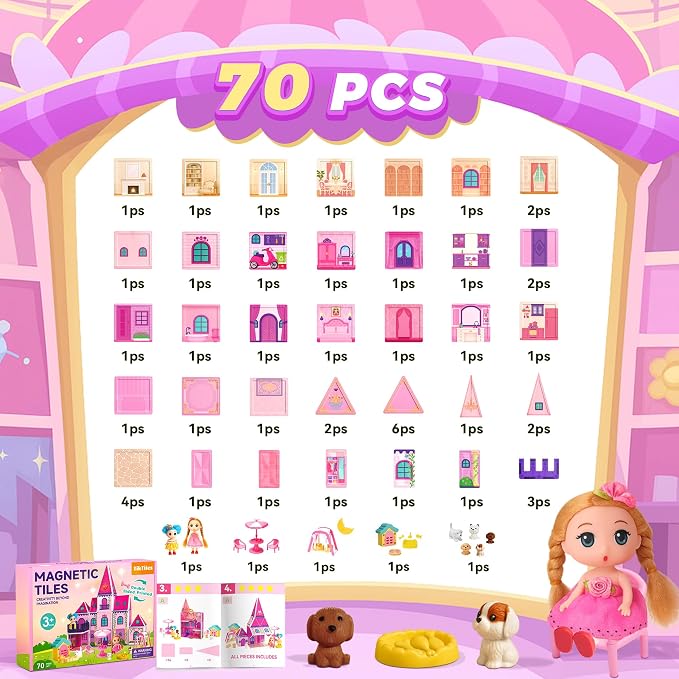 Magnetic Tiles Doll House Building Toys Set with Double Sided Printed Design, Play House Magnetic Blocks for Kids Ages 3-5 4-8, STEM Educational Sensory Magnet Toys Birthday Gifts for Girls