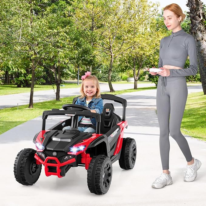 Costzon 12V Kids UTV Ride On Car, Battery Powered Electric Vehicle with Remote Control, 3 Speeds, LED Lights, Music, Horn & Spring Suspension, Off-Road UTV for Boys & Girls 3+ Years Old (Red)