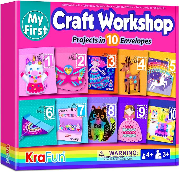 KRAFUN My First Craft Workshop Art and Craft Kit for Kids - Projects in 10 Envelopes, Unicorn, Mermaid, Princess & Llama Crafts, Creative Educational Activities Girls Toddlers Ages 3 4 5+