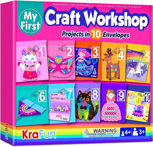 KRAFUN My First Craft Workshop Art and Craft Kit for Kids - Projects in 10 Envelopes, Unicorn, Mermaid, Princess & Llama Crafts, Creative Educational Activities Girls Toddlers Ages 3 4 5+