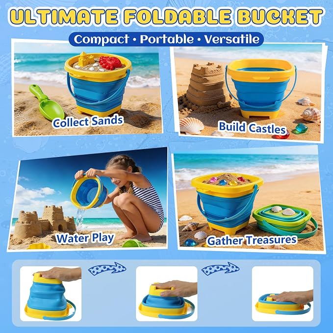 UBeesize 37 PCS Beach Toys , 3-in-1 Construction & Treasure Hunt Sand Toys with 2 Collapsible Buckets, 2 Trucks, Castle Building Kit, Sand Sifter and Shovels, Mesh Bag Sandbox Toys for Toddler 3-10