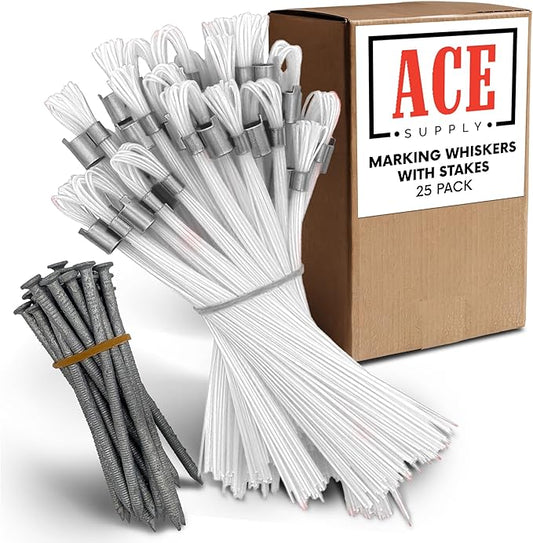 White Marking Whiskers With Stakes - 25 Pack - Durable Marking Whisker Set - Use Survey Whiskers As Ground Markers, Construction Markers, Or Trail Markers