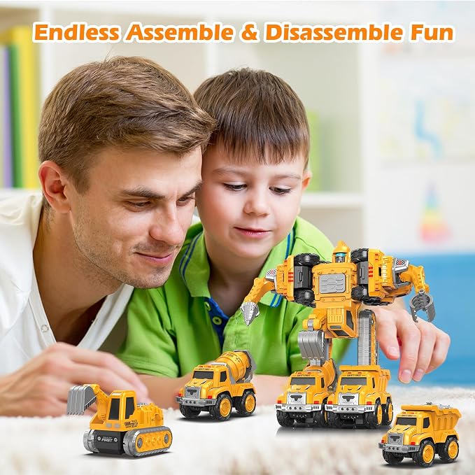 Toys for 3 4 5 6 Year Old Boys– 5-in-1 Detachable Construction Vehicles Set–Transform Robot Kids Toys Cars– Easy DIY Toys for Ages 5+ – Gifts for Boys Girls Birthday Christmas Easter