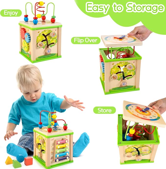 WOODMAM Wooden 7-in-1 Activity Cube| Montessori Toys for 1 Year Old Toddlers| Baby Educational Developmental Toys |One Year Old Boys Girls First Birthday Gifts |Bonus Sorting & Stacking Board