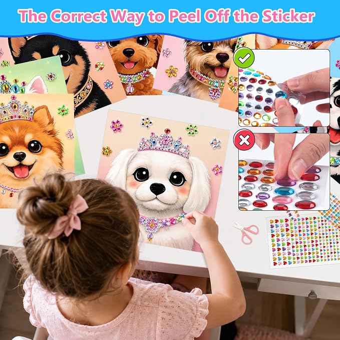 Marlrin Puppy Gem Crafts for Girls Ages 3-8, Dog Diamond Art Kit for Kids | 8 Pack Sticker Art, 1000+ Gems, Peel & Stick No Mess, Display Stand, Easy Crafts, Birthday & Christmas Gift for Girls