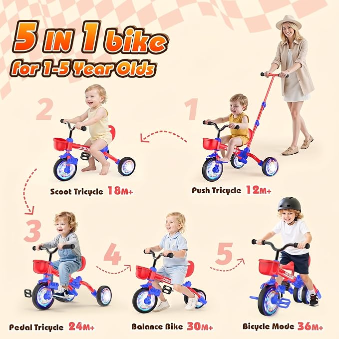 Kkdi 5 in 1 Toddler Bike for 1-5 Year Old, Tricycle with Push Handle, Convertible Baby Balance Bike, Bicycle, Color Light Wheel & Detachable Pedal, 4-Position Seat, Boys Girls Birthday Gift, Toy