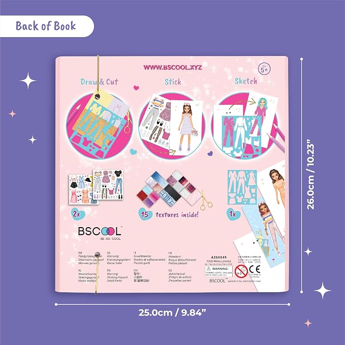 BSCOOL Fashion Studio Dress Up, Drawing, Coloring. Little Designer Creativity Book for Kids 4 and Up with Stickers, Stencils, Textures - Creative Fashion Design Sketchbook for Girls.