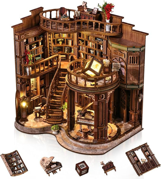 DIY Book Nook Kit for Adults, Miniature House Kit Wooden Dollhouse Bookshelf Decor with LED Light, 3D Puzzle Model Building Crafts for Adults, Creative Gift Idea for Women & Men