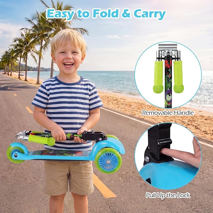 OLAKIDS Kids Kick Scooter with LED Front Wheels, 3-Level Adjustable Handlebars, Lean-to-Steer Design, Rear Foot Brake, Wide Anti Slip Deck, 3-Wheel Scooter for Kids Ages 2-5