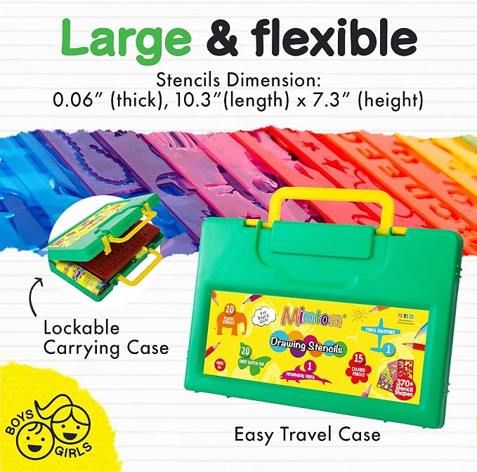 Drawing Stencil Kit for Kids, 60 PC Art Set with 370+ Shapes, Sketch Pad, and Colored Pencils for DIY Arts and Crafts for Boys and Girls, Draw with Letter, Animal and Car Stencils, Green