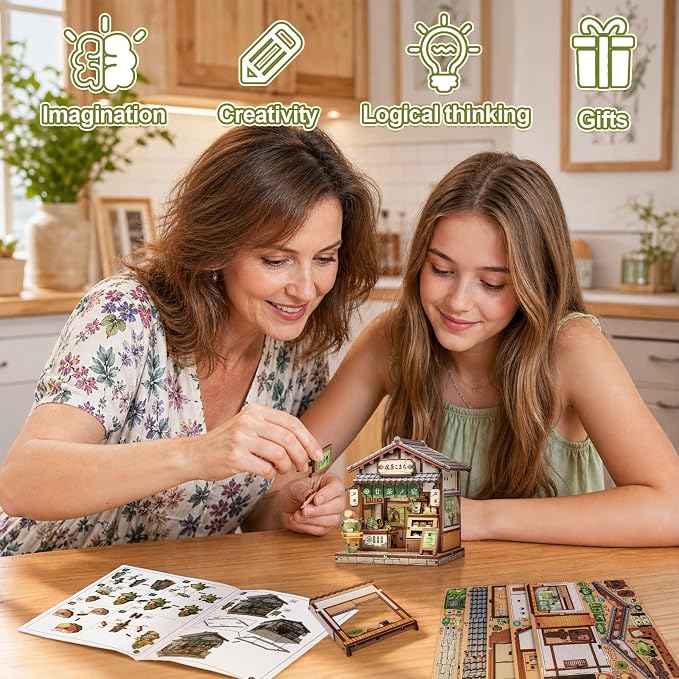 Cutefun DIY Miniature House Kit, 128 Pcs 3D Wooden Puzzle Tiny House Mini House Building Kit for Beginners & Teens, Palm-Sized Japanese Booknook Dollhouse for Bookshelf Decor (Kyoto Matcha Cottage)