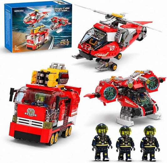 3 in 1 City Fire Rescue Building Sets, Compatible with Lego City, Fire Truck, Helicopter & Rescue Plane, 9 Rebuildable Modules, 3 Firefighter Figures, STEM Toys Gift for Kids Boys Age 8-12 + (879 PCS)