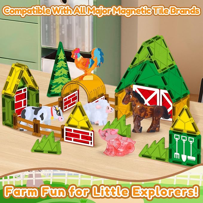 Oriate Magnetic Tiles 3D Animal Farm Toys, 5pcs Farm Animals for Kids, Movable Joints Animal Toys Suitable for Kids Magnetic Blocks Building Magnet Tiles, STEM Educational Construction