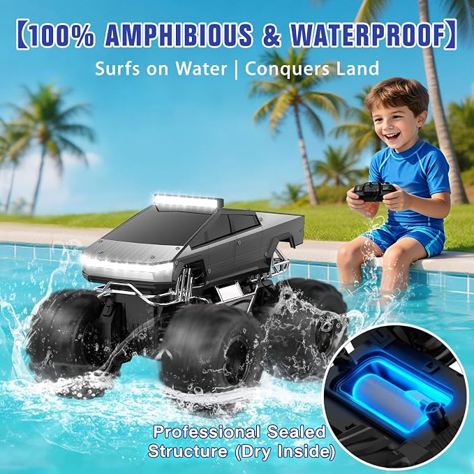 Qrytoi Waterproof Remote Control Car for Boys, 2.4GHz Amphibious RC Car, 1:18 4WD All-Terrain Monster Truck Toy with 360°Rotation and Non-Slip Tires, Toy Gift for Boys and Girls (Grey)