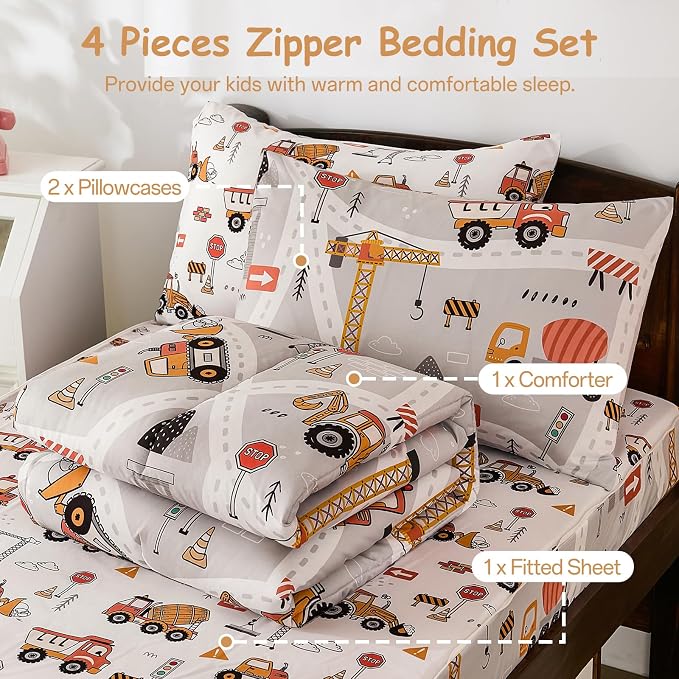 DJY Zipper Bedding Set Full, Cars Bedding Sets for Boys, Kids Construction Comforter Set with Fitted Sheet Pillowcases, All in One Zipper Bed Set for All Seasons