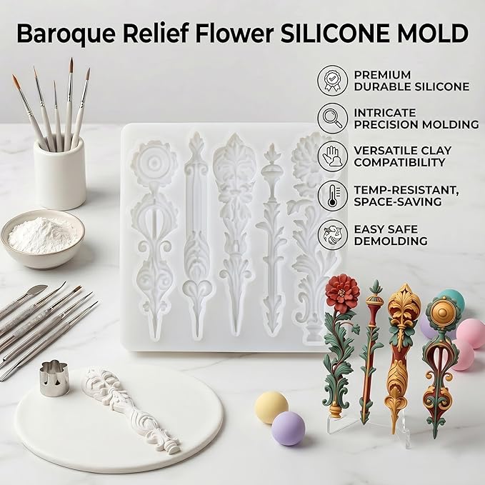 Baroque Relief Flower Silicone Mold Baroque Leaves Scroll Lace Polymer Clay Molds for DIY Craft Epoxy Resin Casting Polymer Clay Tools Crafts Air Dry Jewelry Making