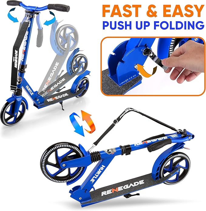 Hurtle Renegade Kick Scooter for Kids, Teenagers & Adults - 2-Wheel Folding Scooter with Adjustable T-Bar Handlebar - Alloy Anti-Slip Deck