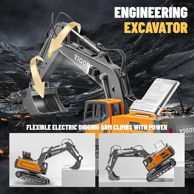 Remote Control Excavator Toy, 11 Channel RC Construction Digger with Metal Shovel, Lights & Sounds, 2.4GHz Rechargeable All-Terrain Excavator for Kids 3-14, Perfect for Sand, Dirt & Outdoor Play
