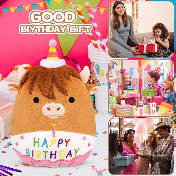 Birthday Highland Cow Plush Toy- 9inch Cute Birthday Highland Cow Stuffed Animal Pillows Toys, Soft Cow Stuffy Gifts Party Decoration for Kids Girls Boys