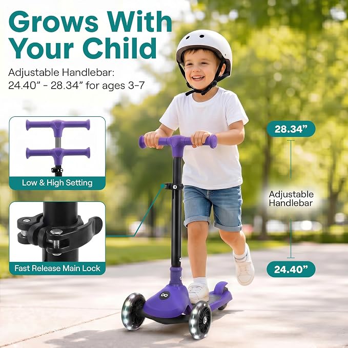 SereneLife Toddler Scooter, Adjustable Micro Scooter for Ages 2-5, Lightweight Kids 3 Wheel Design with LED Light-Up Wheels, Anti-Slip Deck & Lean-to-Steer Control, Indoor/Outdoor Use (Purple)
