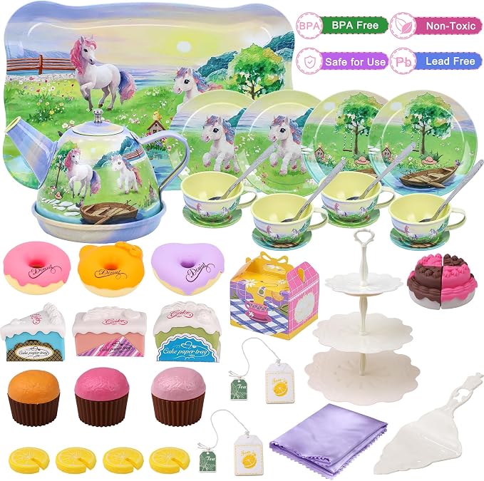 Tea Party Set for Toddlers 3-5, 50PCS Horse Tin Tea Sets for Little Girls with Metal Teapot, Cake Stand, Desserts & Carrying Case, Kids Kitchen Pretend Play Birthday Gift for Girls Age 3 4 5 6 7 8