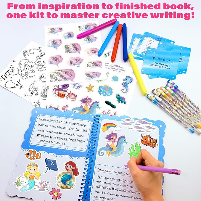 Storybook Art Kit, Make Your Own Story Book, DIY Writing Journal with 400+ Stickers, 24 Pens, 2 Scrapbooking & Journal Supplies, Hardcover Book Making Kit for Kids Easter Gifts for Girls Ages 5-10