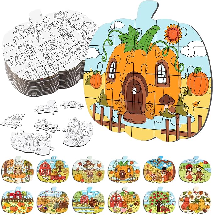 Realspring 24 Pack Fall Thanksgiving Pumpkin Shape Jigsaw Puzzles for Kids Age 3-5, 4-6, 6-8, Color Your Own Autumn Crafts DIY Paper Puzzle Party Favor Gift for Thanksgiving Toddler Children Toy