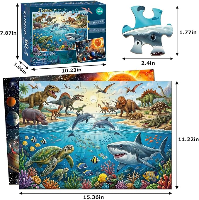 Puzzles for Kids Ages 4-6 6-8, 60 Piece Puzzles for Kids, Jigsaw Puzzles Toddler Learning Educational Toy Set - Ocean, Dinosaur & Space, Kids Puzzles Ages 5-8 Toys Gifts for Boys Girls(2 Packs)