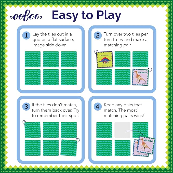 eeBoo: Memory and Matching Game- Shiny Dinosaur- 24 Pairs, Develops Recognition, Concentration, Memory & Vocabulary Skills, Age 3+