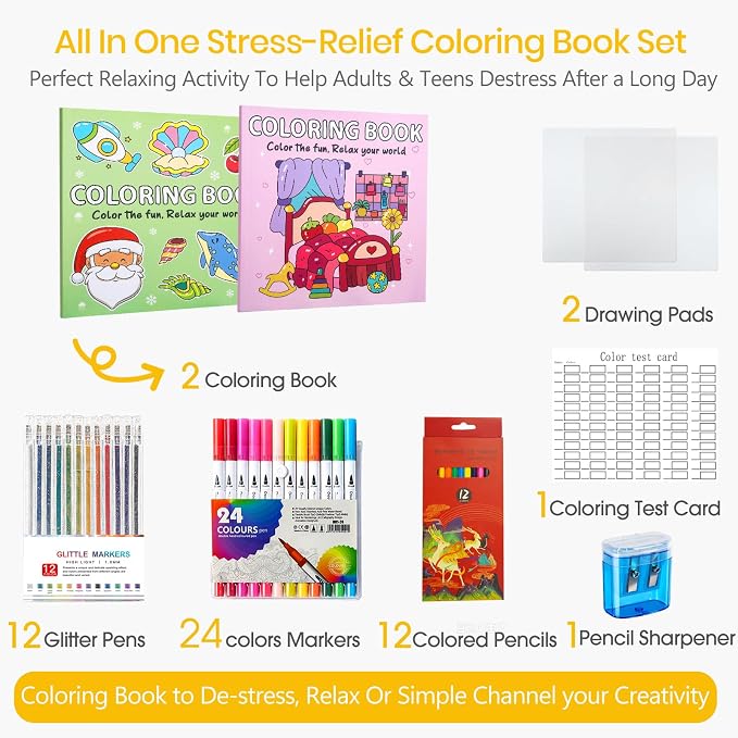 Cute Coloring Book Set for Teens Adults Relaxation, Easy and Simple Designs Coloring Book for Teens Girls, Stress Relief Gifts for Women with 24 colors Markers & 12 Glitter Pens & 12 Colored Pencils