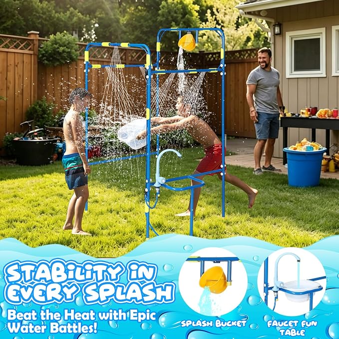 Backyard Waterpark for Kids, Heavy-Duty Steel Water Park Sprinkler Toy Game with Splash Buckets, Collapsible Wash Basin & Water Faucets, Water Play Activities Outdoor Summer Toys